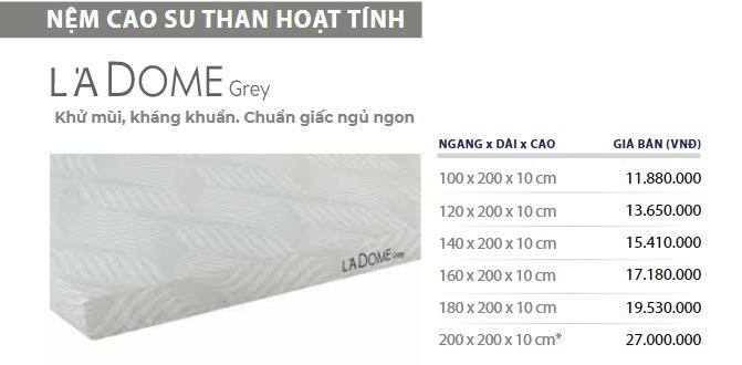 bảng giá nệm cao su l'adome grey