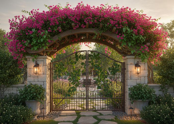 cổng nhà vườn cây