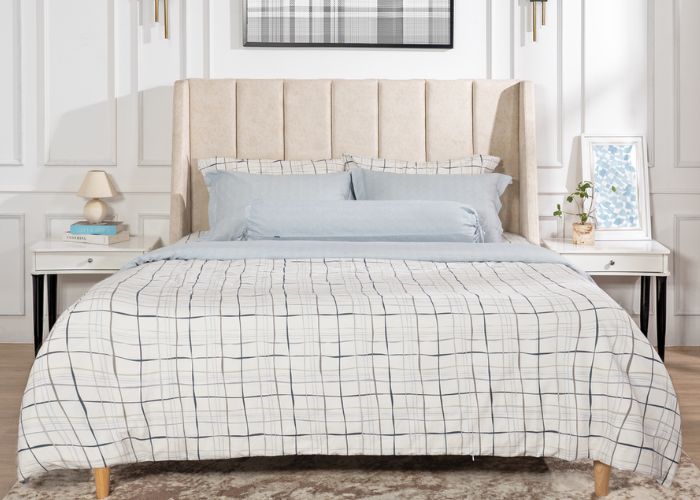 ga giường trắng phối xanh biển