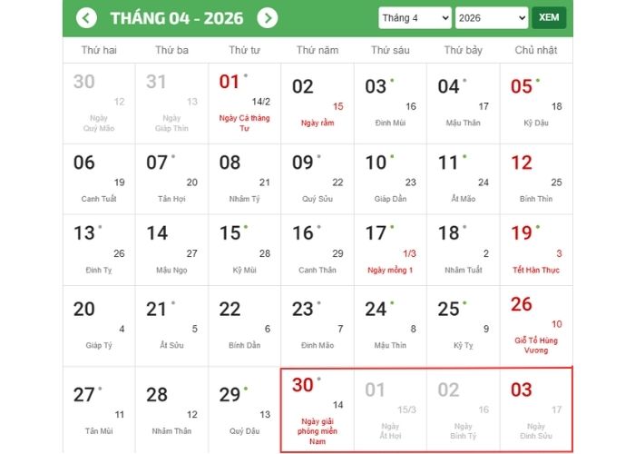 30/4 được nghỉ mấy ngày