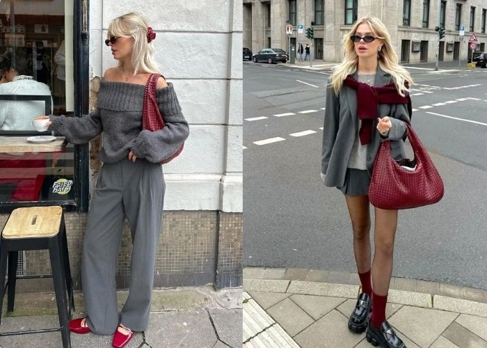 thời trang xám phối đỏ