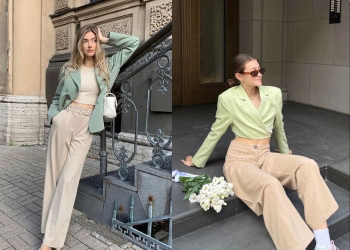 thời trang xanh mint phối be