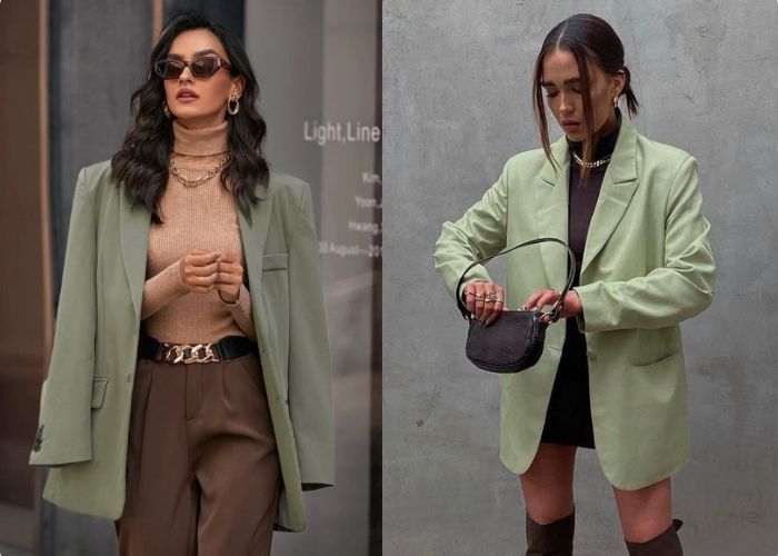 thời trang xanh mint phối nâu