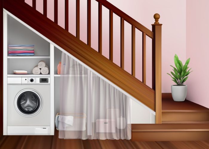trang trí gầm cầu thang bằng kệ máy giặt